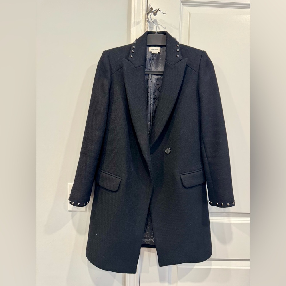 Zadig & Voltaire Marco Studded Black Wool-Blend Coat